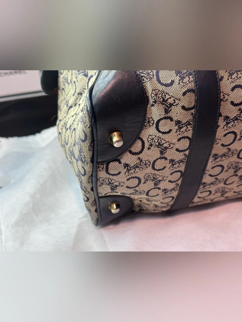 Celine Vintage Navy Leather Trim Mono Boston Bag